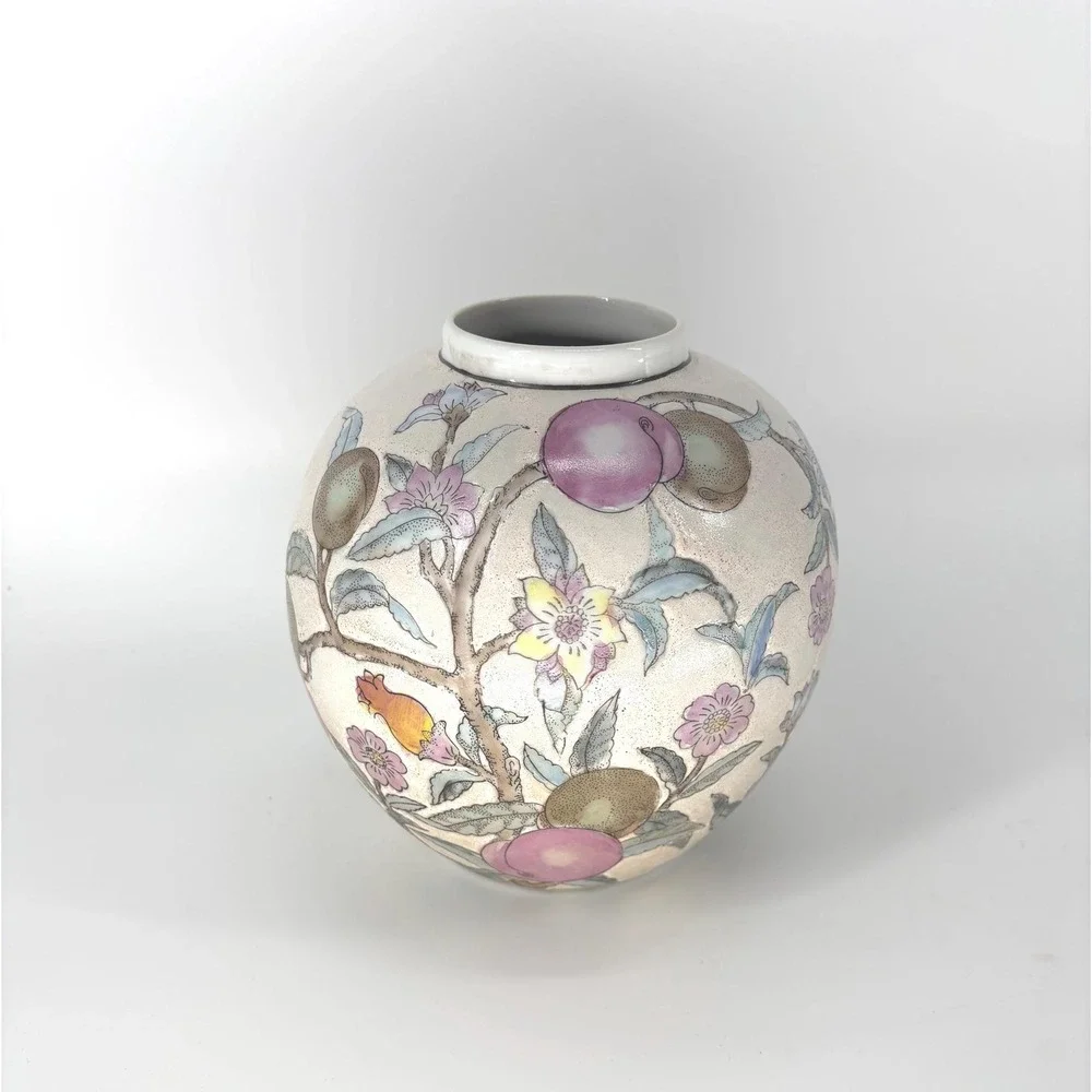 Vintage Chinoiserie Floral & Peach Motif Ceramic Globe Vase